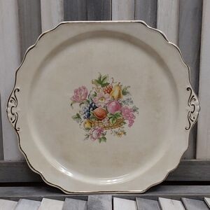 Vintage Bakerite Cake Plate 22K Gold Rim Fruits & Flowers